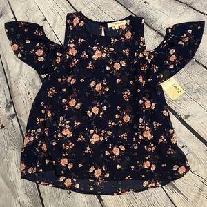 Rewind Women's Cold Shoulder Short Sleeve Blouse Size L Blue Floral NWT